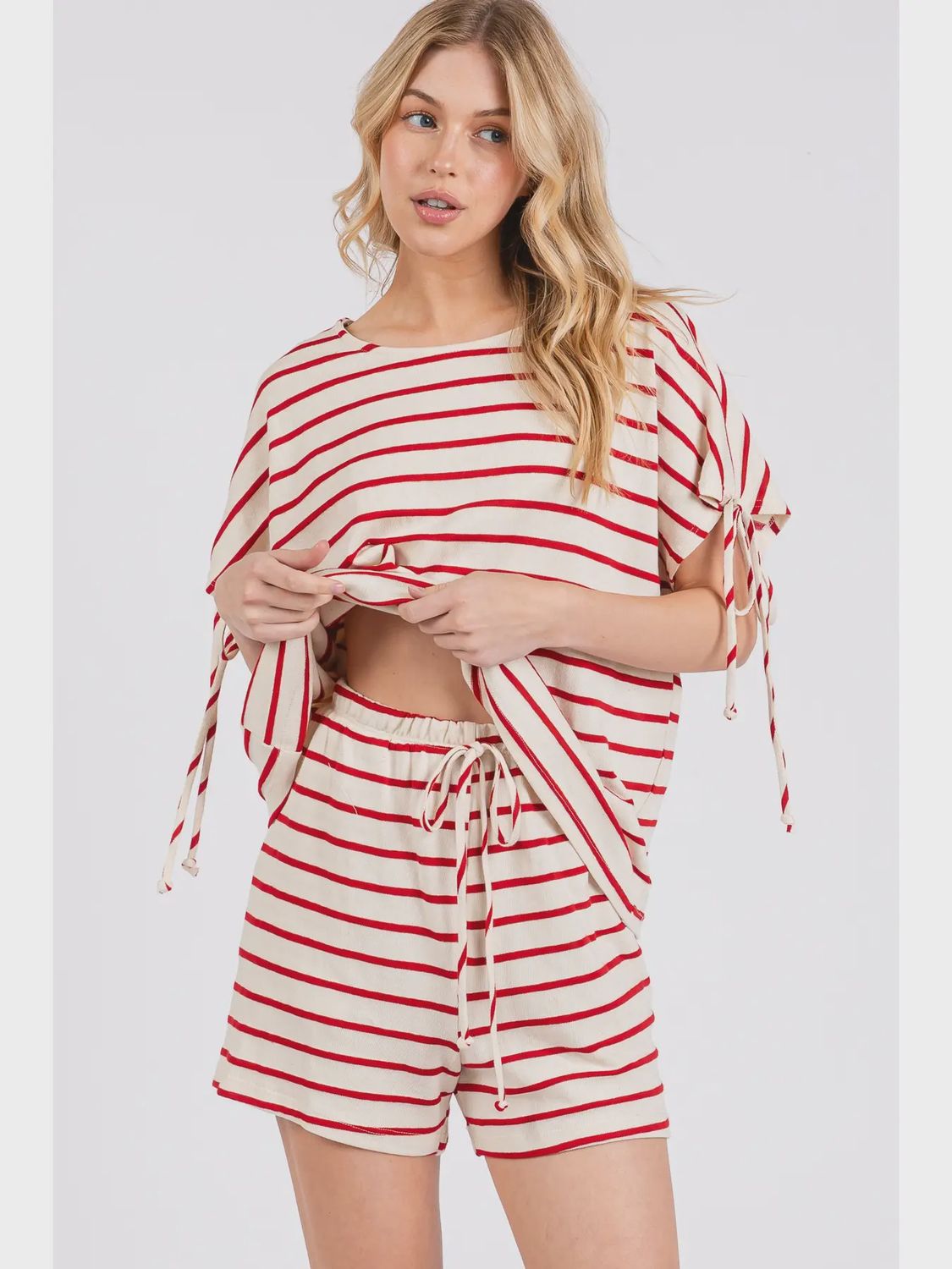 Striped Batwing Sleeve Set - RED/WHITE