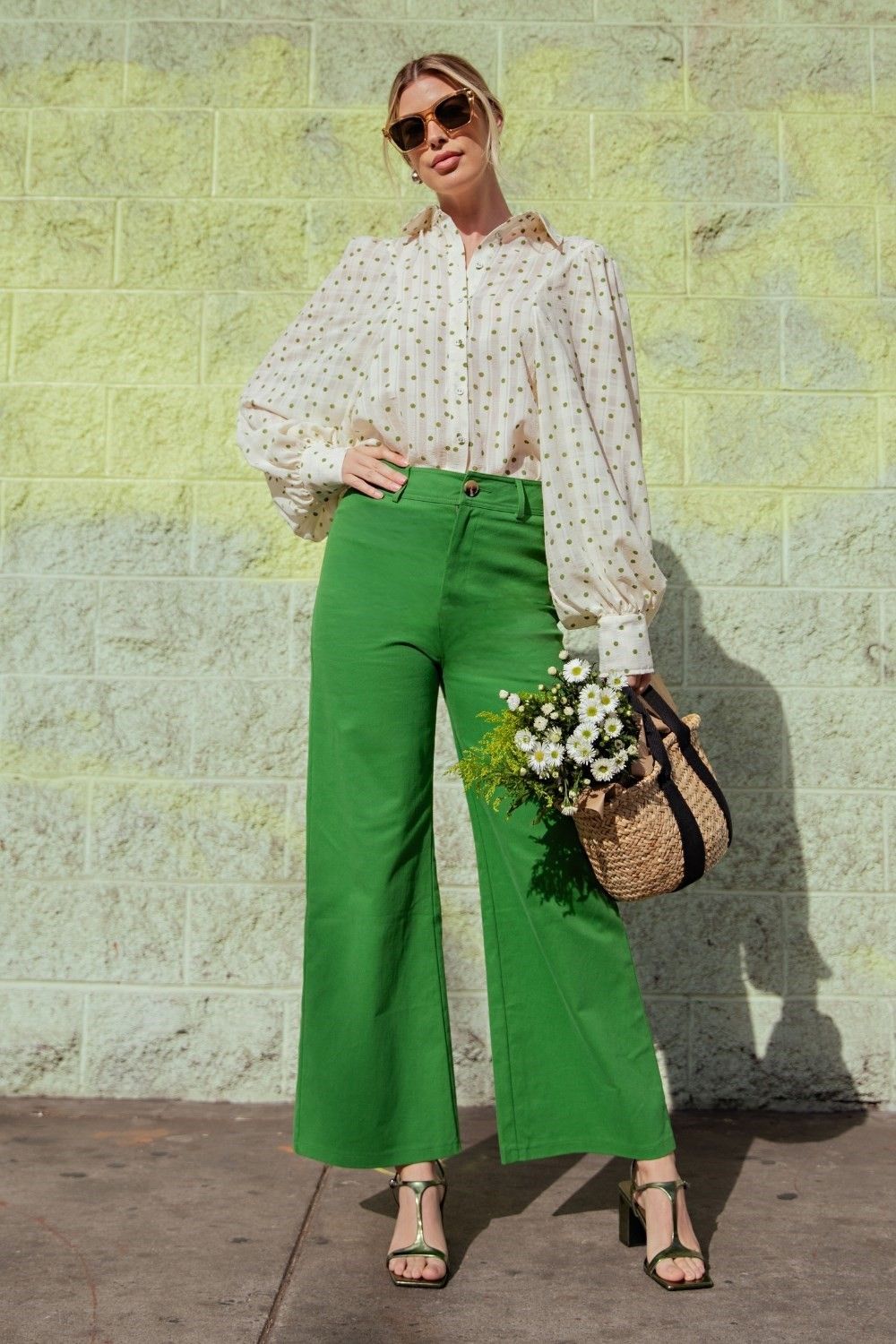 High Waist Straight Pants - GREEN