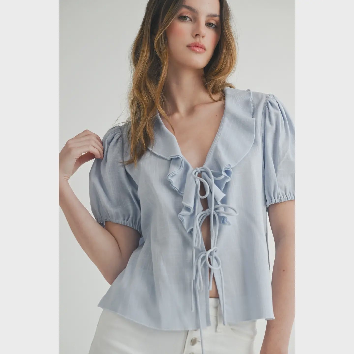 Tie Front Ruffle Linen Blouse - POWDER BLUE