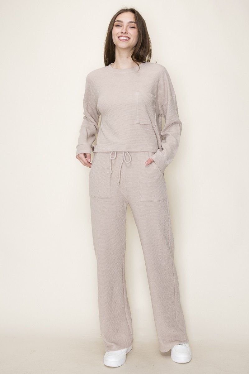 Knit Drawstring Bottoms w/Pockets - TAUPE