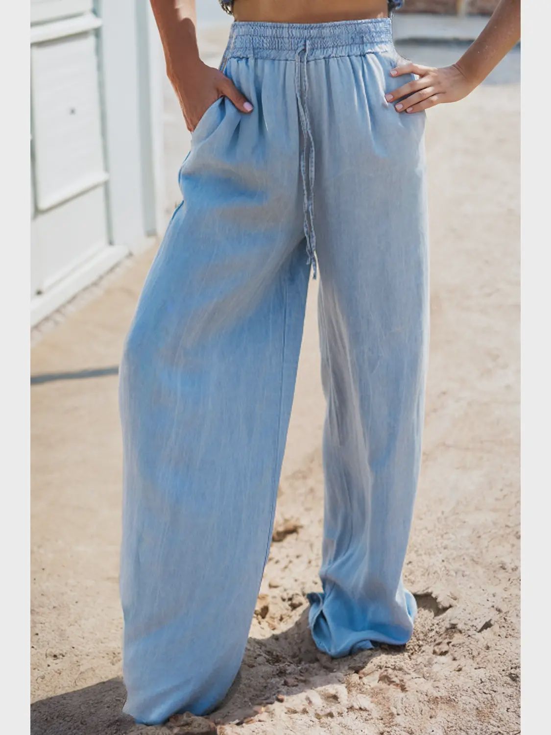 Drawstring Chambray Wide Leg Pants
