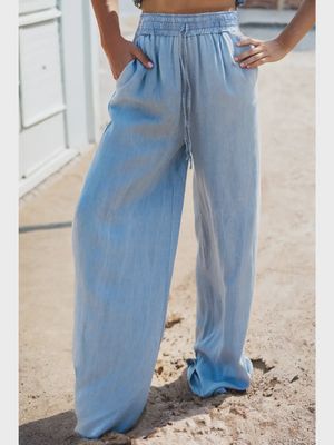 Drawstring Chambray Wide Leg Pants