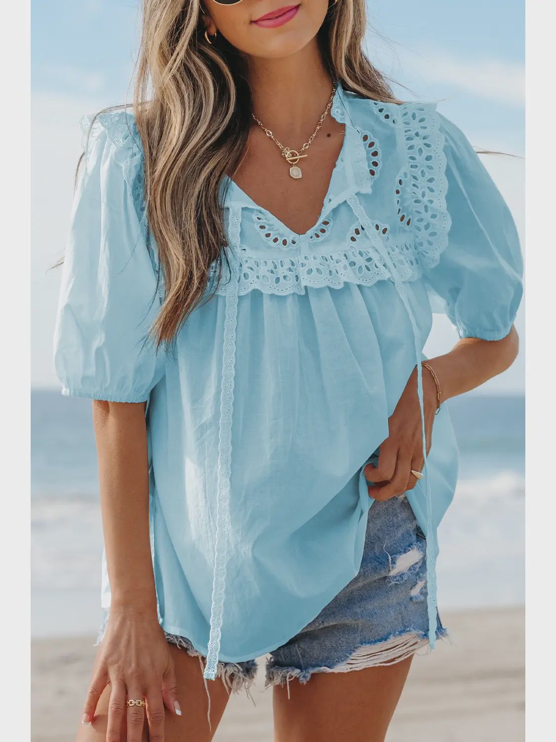 Embroidered Lace Tie Neck Blouse - MIST BLUE