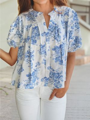 Floral Pleated Puff Sleeve Top - SKY BLUE