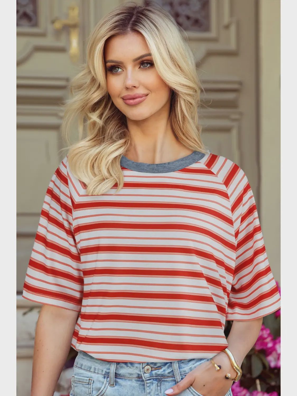 Stripe Raglan Sleeve T-shirt - TOMATO RED