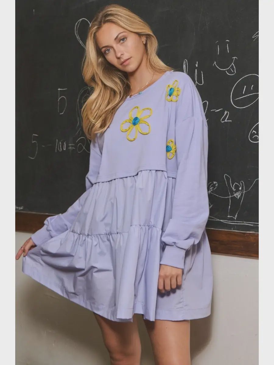 Plus Flower Embroidered Sweatshirt Dress - DEEP LAVENDER
