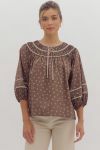 Bow Print 3/4 Sleeve Top - BROWN