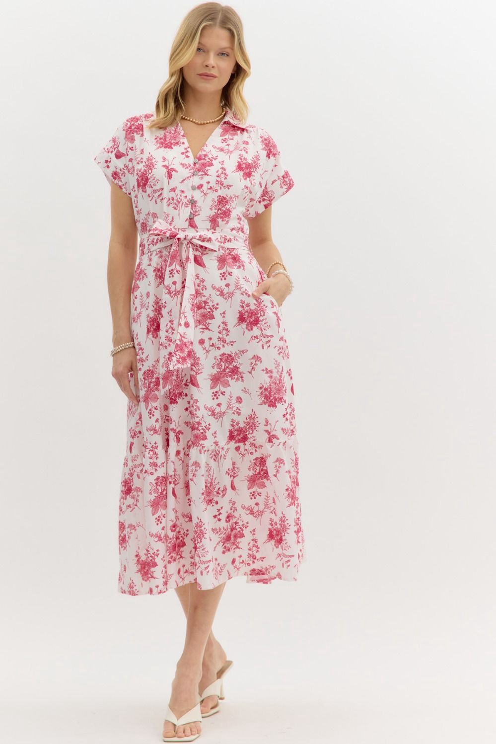 Floral Pleated Midi Dress - FUCHSIA