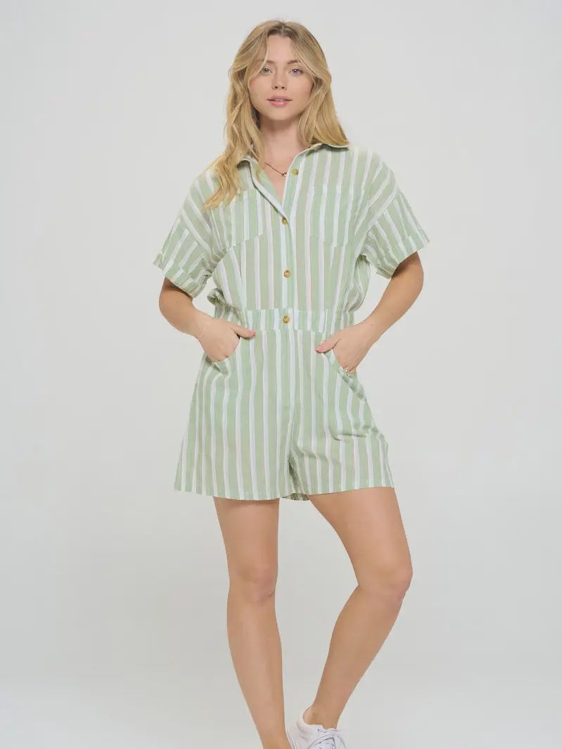 Green Stripe Button Up Romper