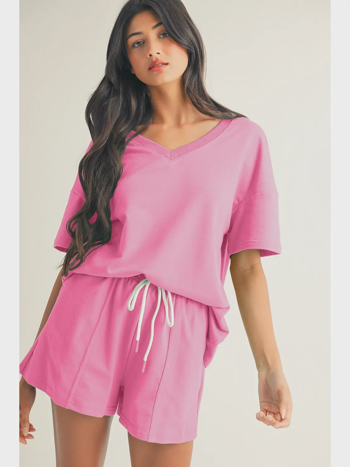 Drop Shoulder Tee &amp; Shorts Set - PINK