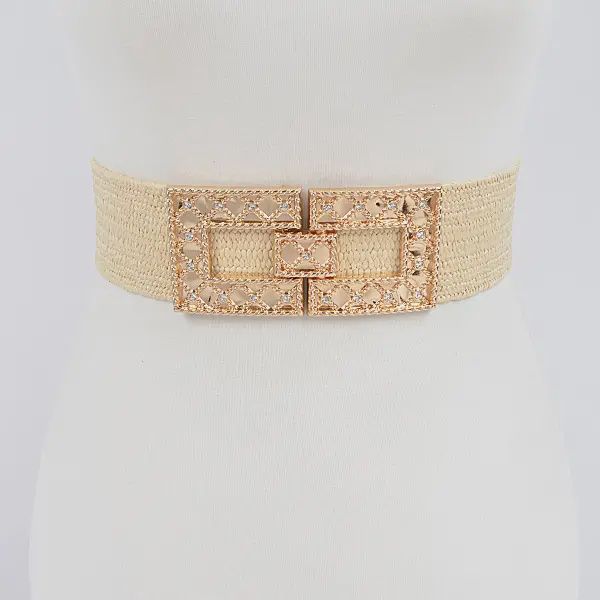 Rhinestone Buckle Stretch Belt - BEIGE