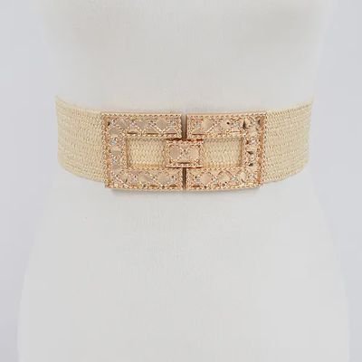 Rhinestone Buckle Stretch Belt - BEIGE