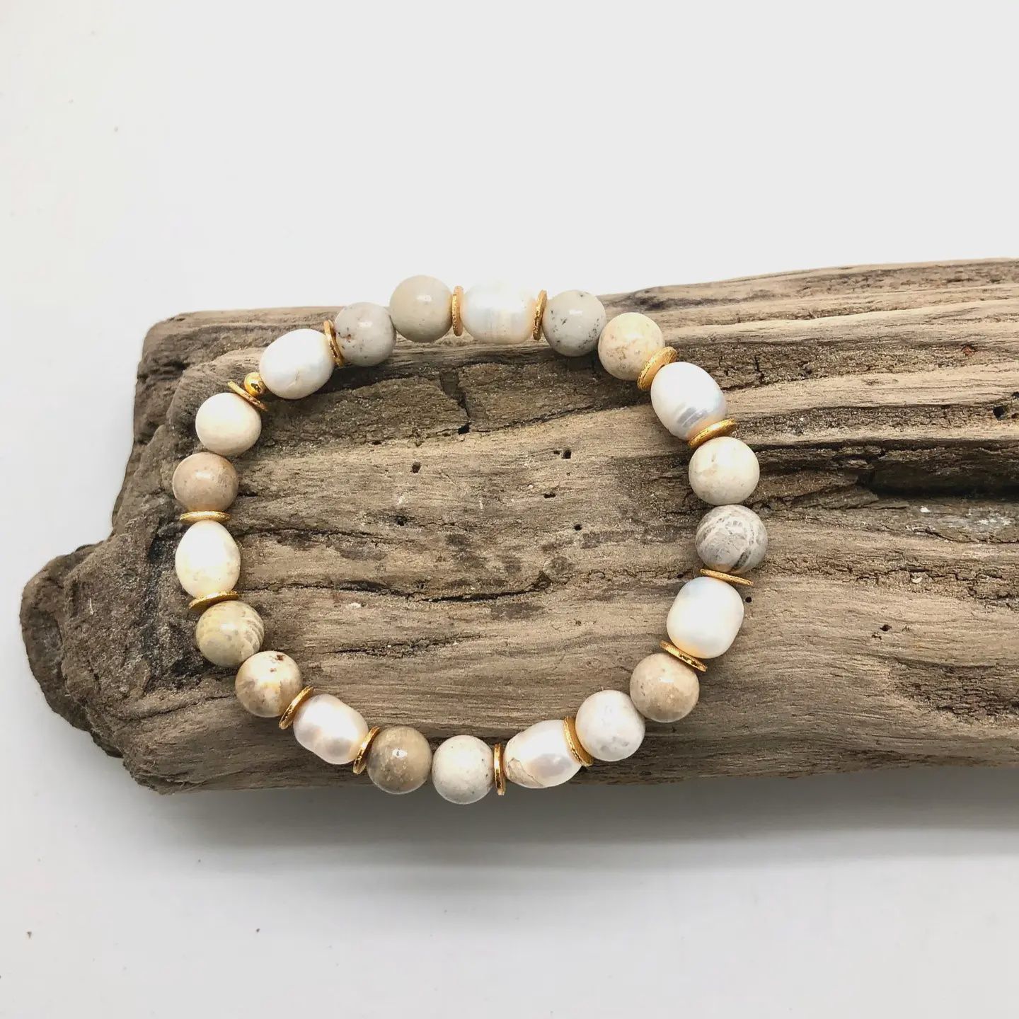 Pearl &amp; African Wood Stretch Bracelet