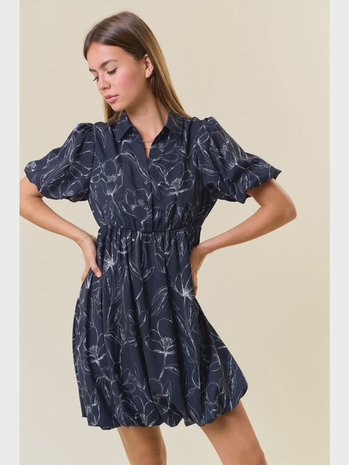 Floral Print Bubble Hem Dress - BLACK