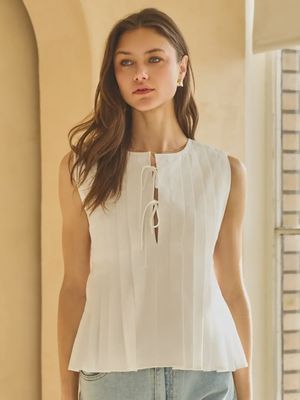 Poplin Pleated Sleeveless Top - WHITE