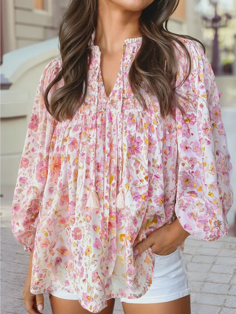 Floral Tassel Tie Top - PINK