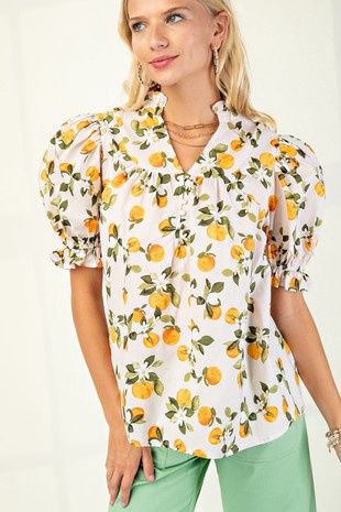 Fruit Print V-Neck Puff Sleeve Top