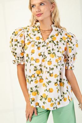 Fruit Print V-Neck Puff Sleeve Top
