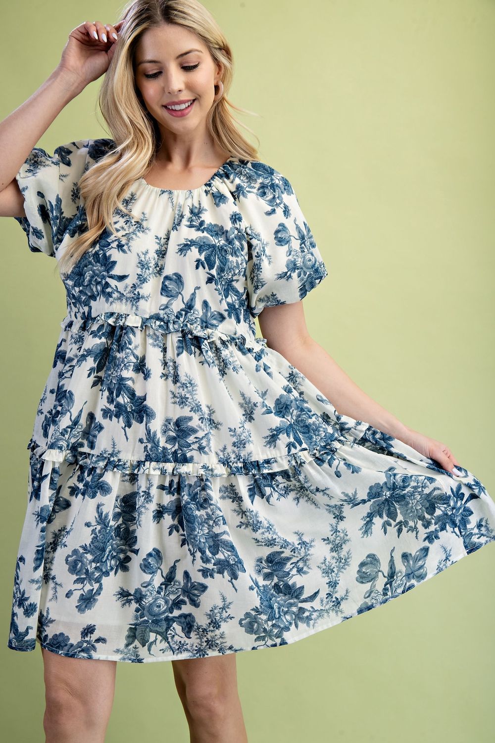Round Neck Ruffle Details Dress - NAVY