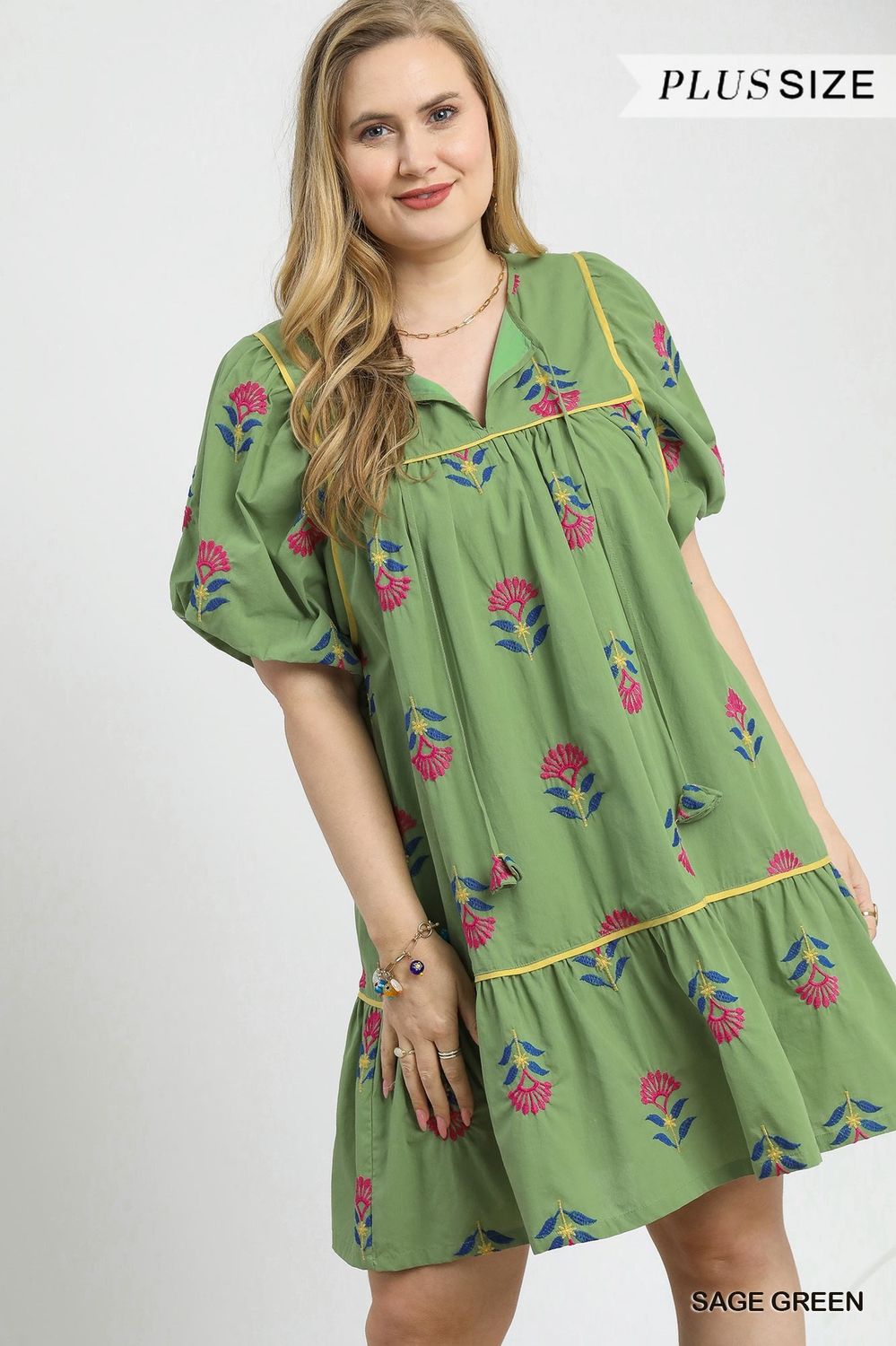 Plus Embroidered Babydoll Dress - SAGE