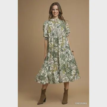 Pauline Floral Tiered Midi Dress - GREEN MIX