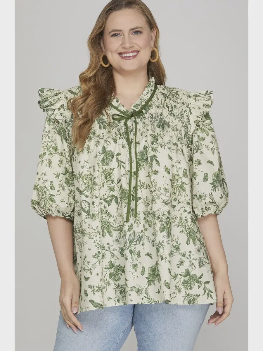 Plus Printed Woven Top - GREEN