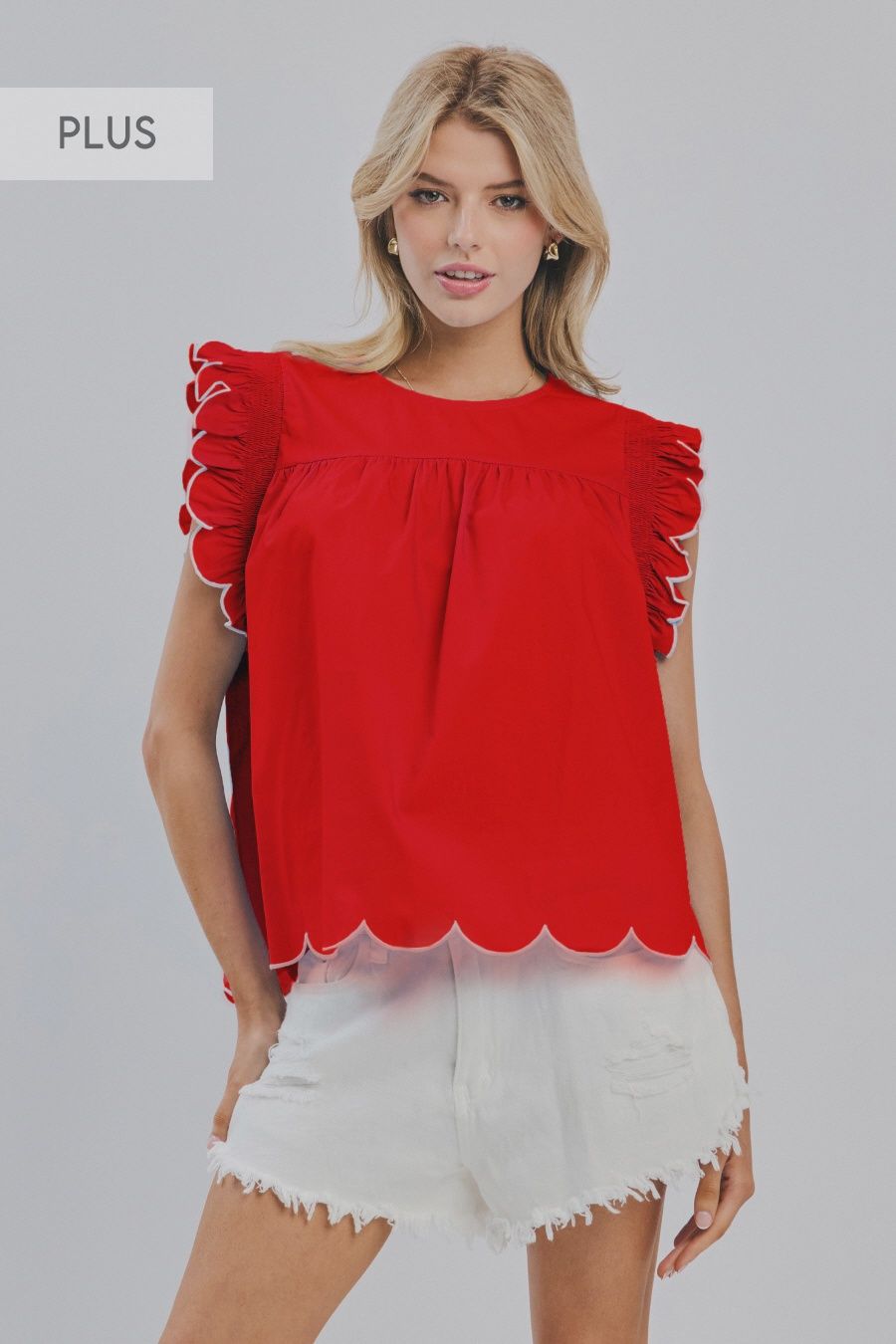 Plus Scalloped Blouse - RED