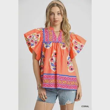 Nina Floral Border Blouse - CORAL