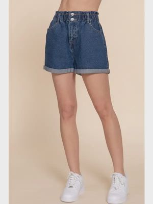 Riley Paper Bag Denim Shorts - DEEP BLUE