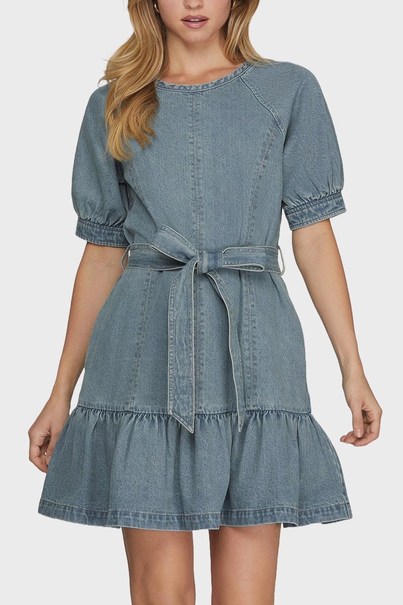 Presley Denim Belted Mini Dress - DENIM BLUE