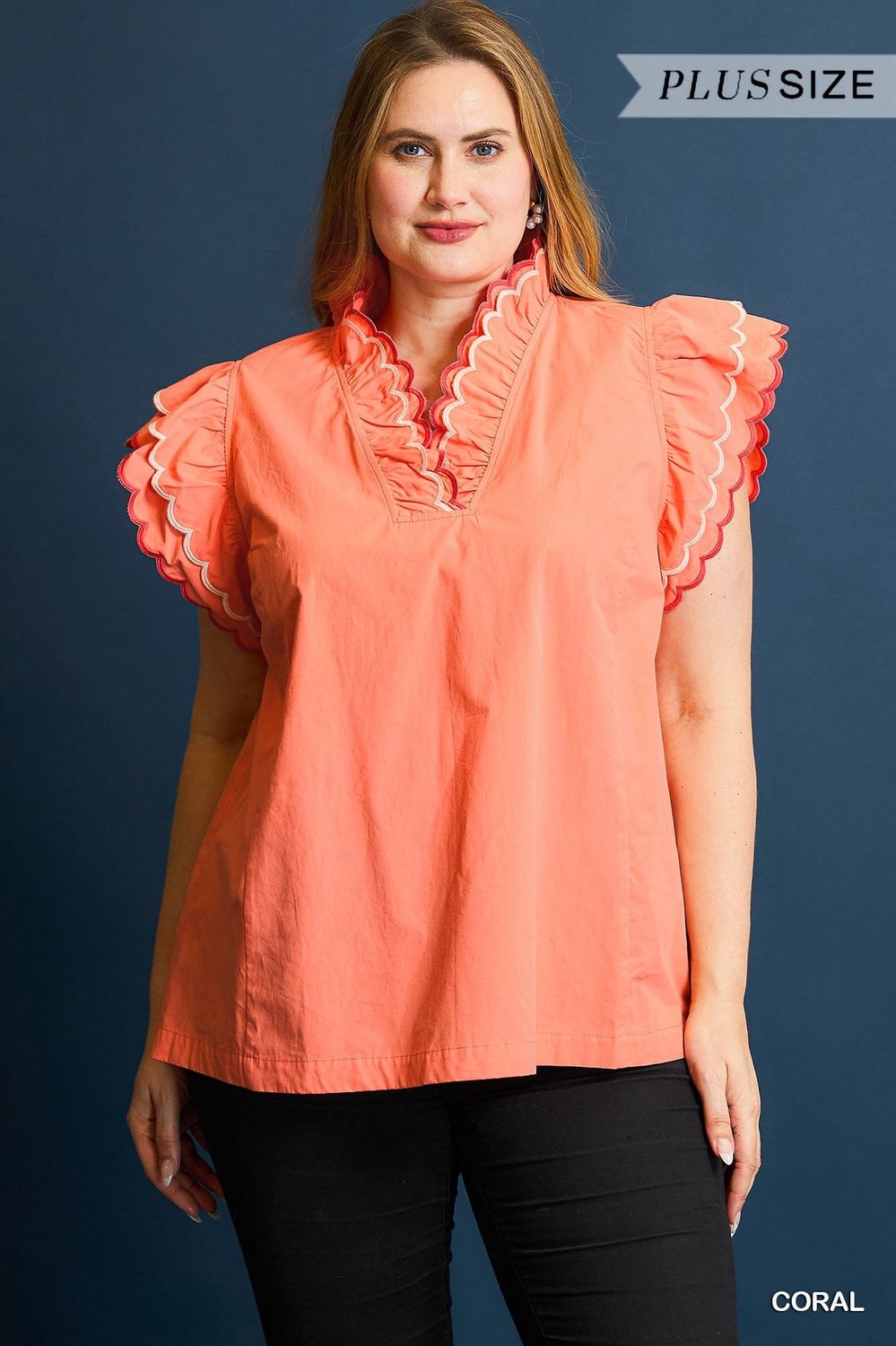 Plus Scalloped Neckline Top - CORAL