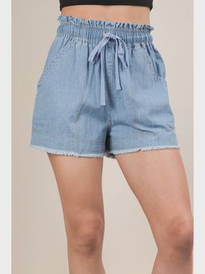 Washed Chambray Denim Shorts - INDIGO