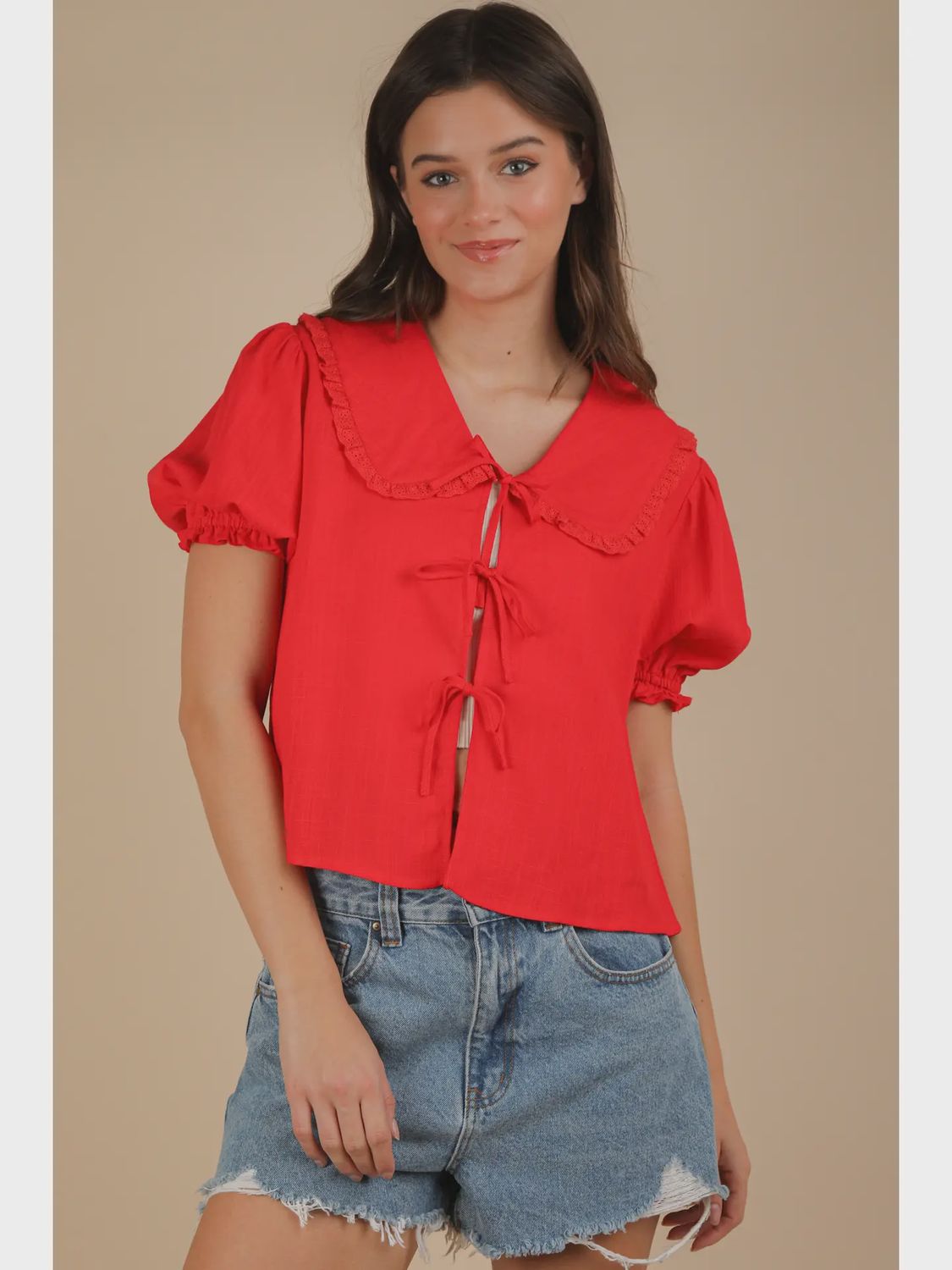 Eyelet Trim Detail Top - RED