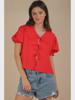 Eyelet Trim Detail Top - RED