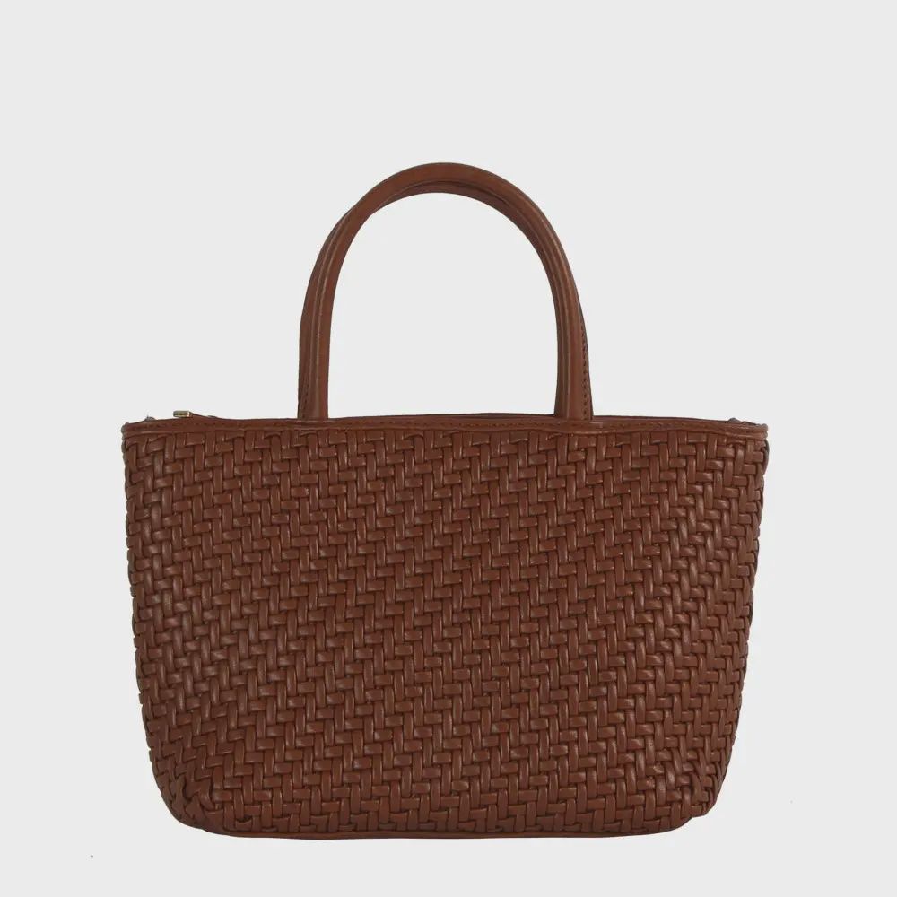 Woven Faux Leather Large Tote -BROWN