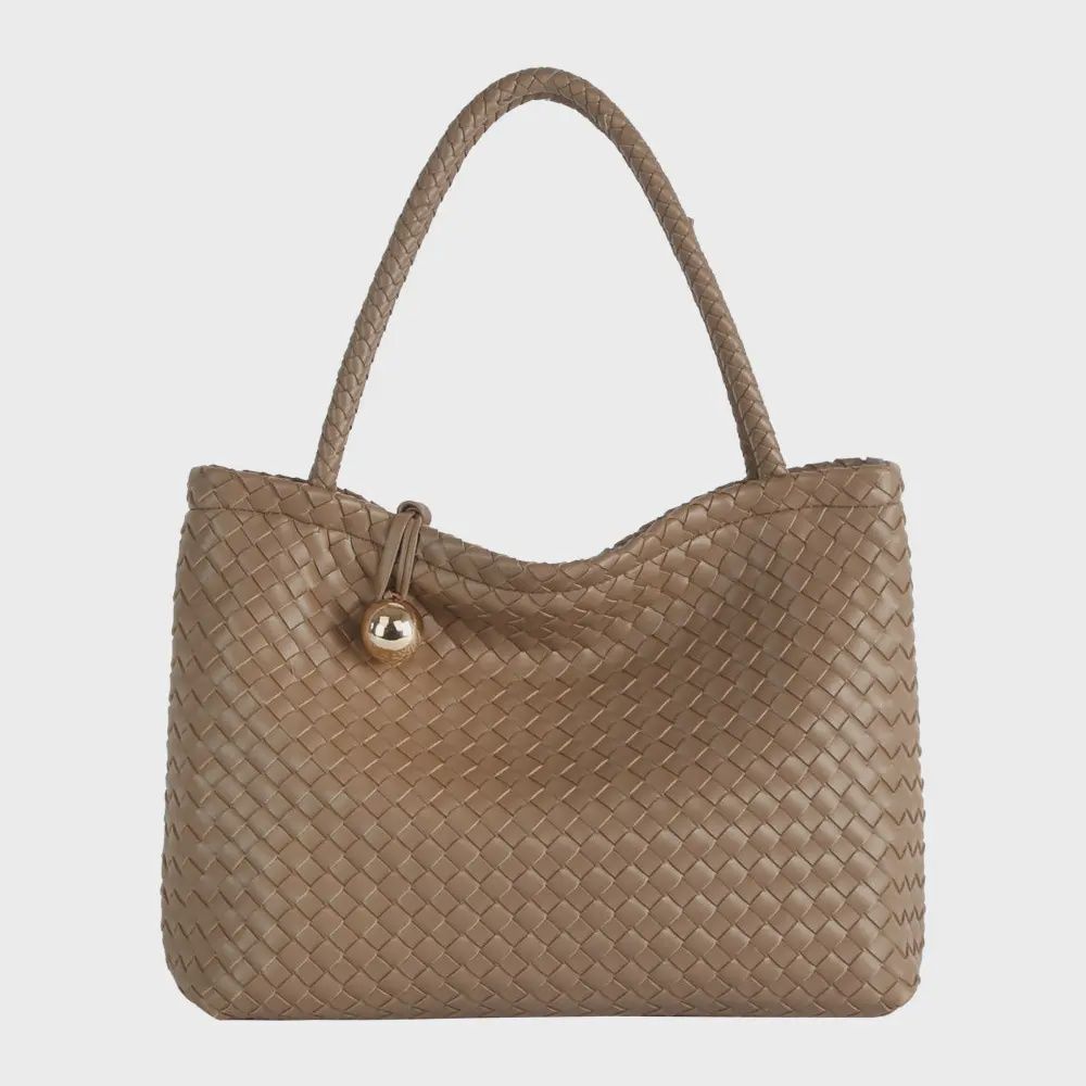 Woven Ball Clasp Tote Bag - STONE