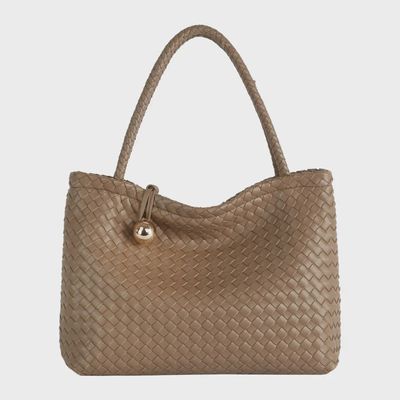 Woven Ball Clasp Tote Bag - STONE