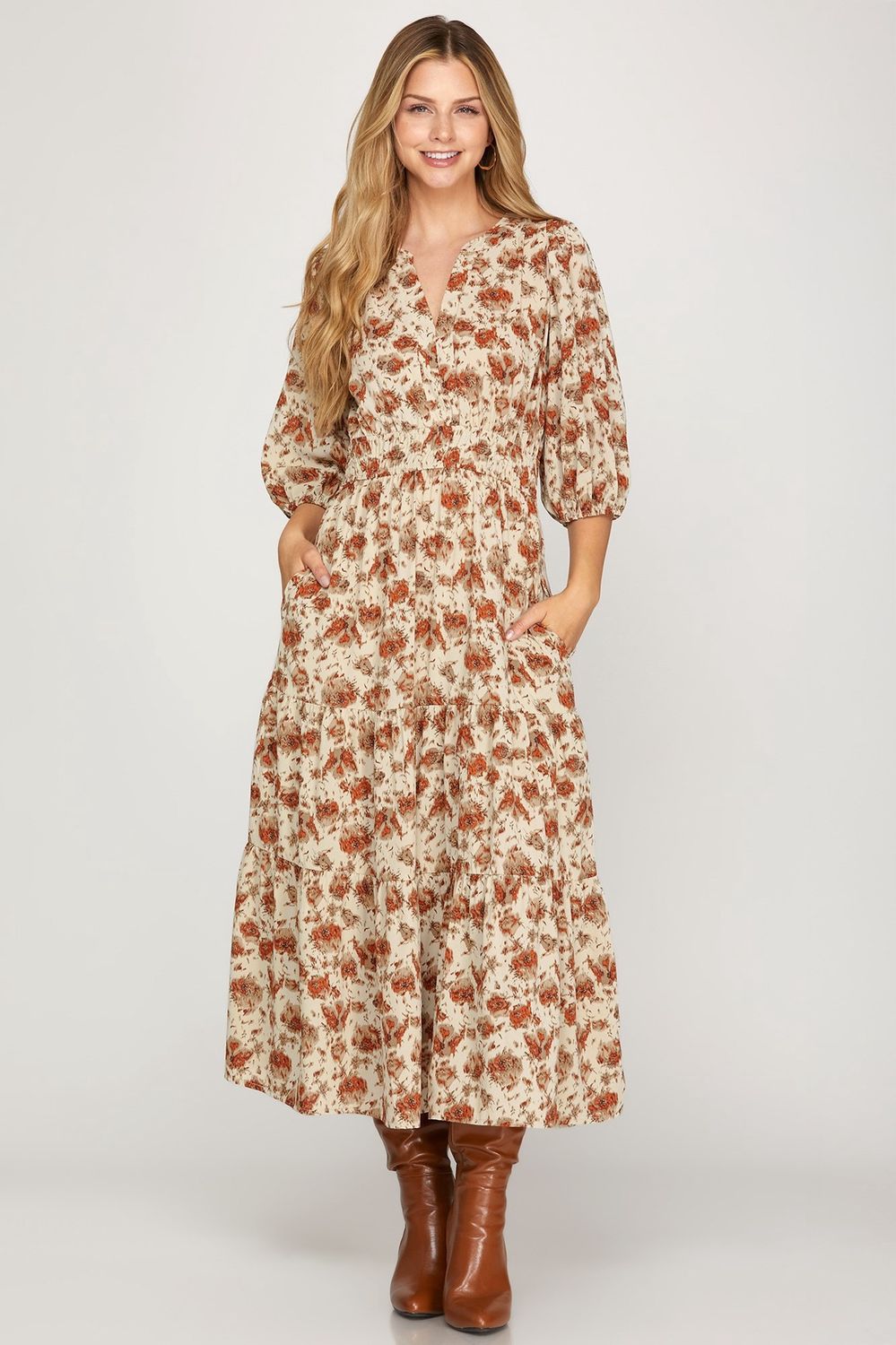 Jackie Printed Midi Dress - CREAM/RUST