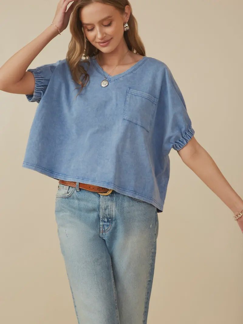 Garment Washed V-Neck Top - BLUE