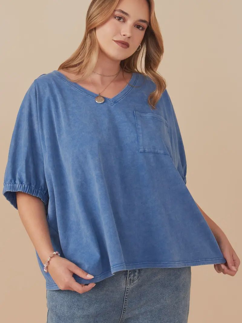 Plus Garment Washed V-Neck Top - BLUE