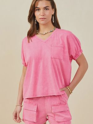 Garment Washed V-Neck Top - PINK