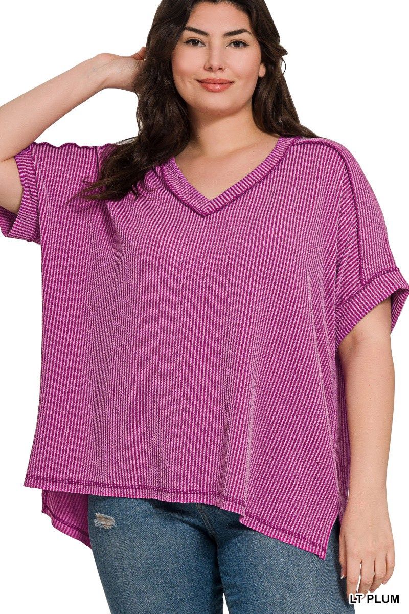 Plus Ribbed Hi-Low V-Neck - LT. PLUM