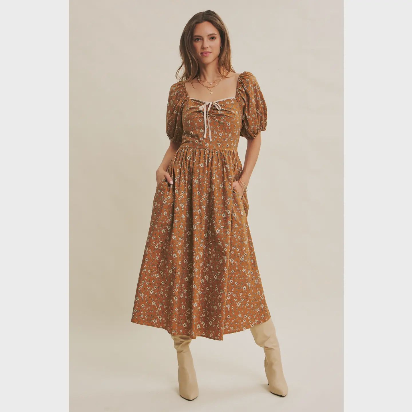 Golden Hour Floral Midi Dress - TOFFEE
