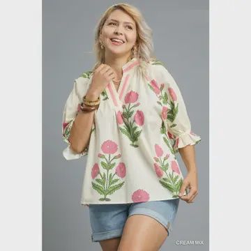 Plus Poplin Puff Sleeve Top - CREAM MIX