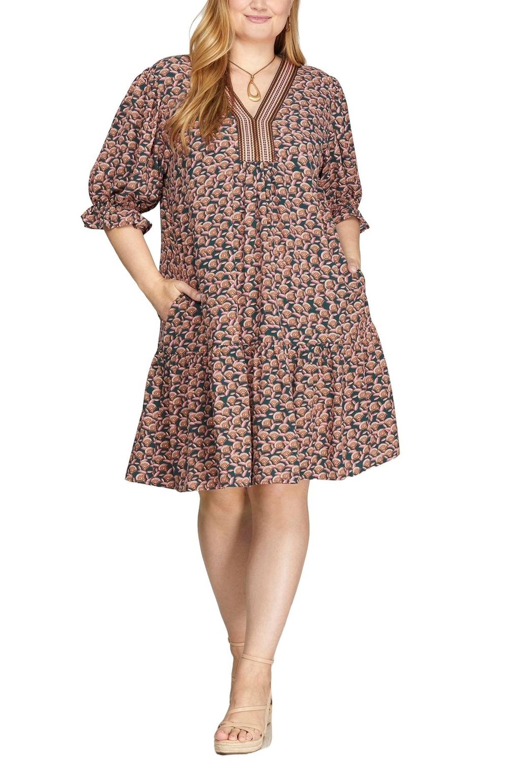 Plus Loni Puff Sleeve Mini Dress - TEAL/PINK