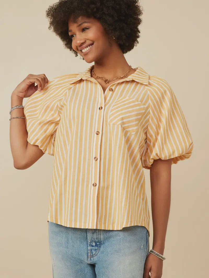Striped Puff Sleeve Top - YELLOW