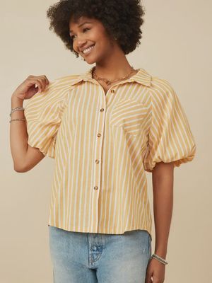 Striped Puff Sleeve Top - YELLOW
