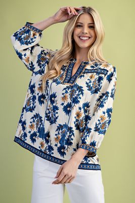 Layla Floral Tassel Tie Top - BLUE
