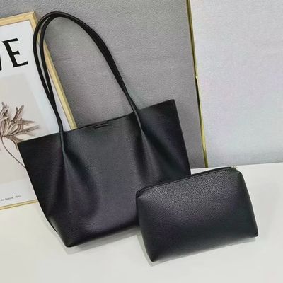 Leather Tote w/Cosmetic Pouch - BLACK
