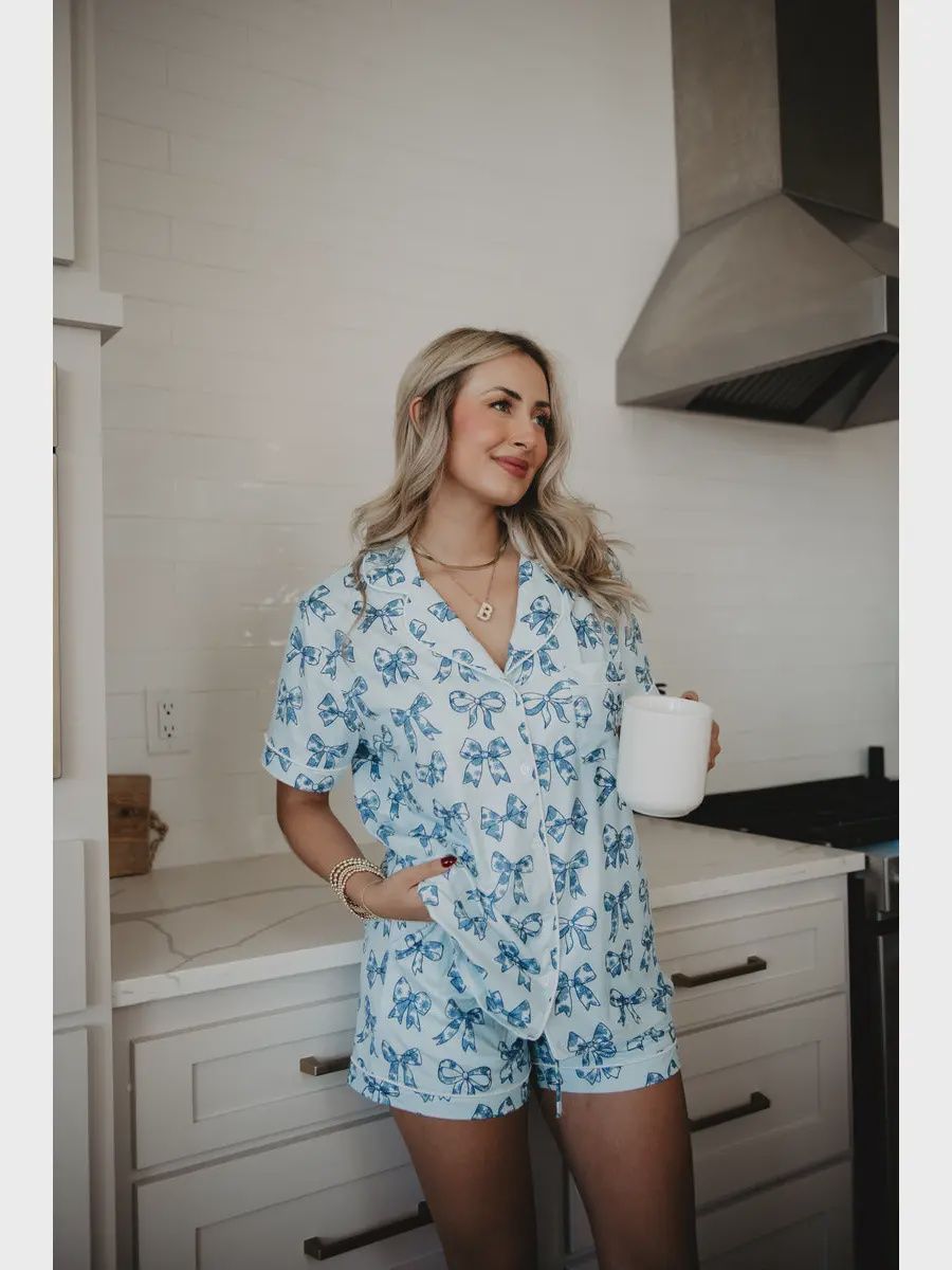 Coquette Bow Print Pajamas - LT. BLUE